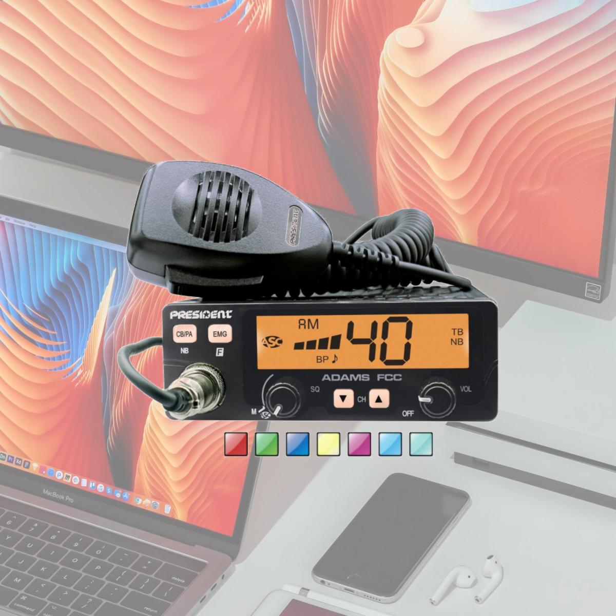 212 Main Compact AM Mobile CB Radio with 7 Color LCD Display Talk-Back Roger Beep &amp; Auto Squelch