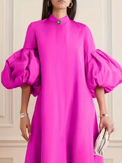 Women's Elegant A-Line Dress with Lantern Sleeves - High Neck Sleeve Solid Color Machine Washable Spring Summer Fall Casual & Formal Wear, Maxi Dress with Sleeves, Seasonal Wardrobe, Lightweight Material, Stylish Women
