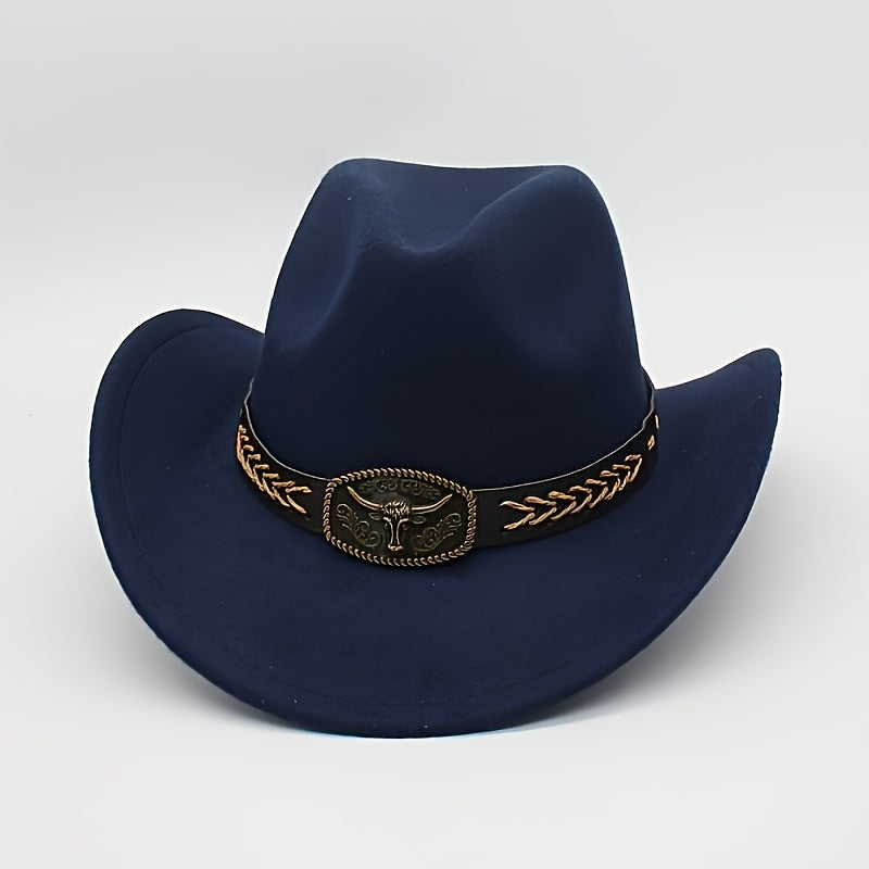 3pcs Unisex Western Cowboy Hats - Wide Brim Sun Protection, Metal Bull Head Buckle & Braided Faux Belt, Vintage Style for Outdoor Riding, Hiking, Rodeo (Black/Brown/White) | Classic Cowboy Style | Faux Fabric