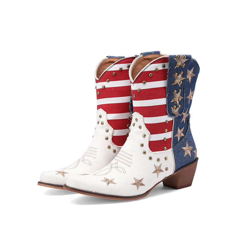 Women'S Western Cowboy Ankle Boots with Fringe & Studs - Two-Tone & Red Faux Cover, Chunky Mid-Heel, Round Toe, Pull-On Closure, Cushioned Insole & Arch Support - Western Boot for Casual, Formal, Everyday Outfits - 2025 New D