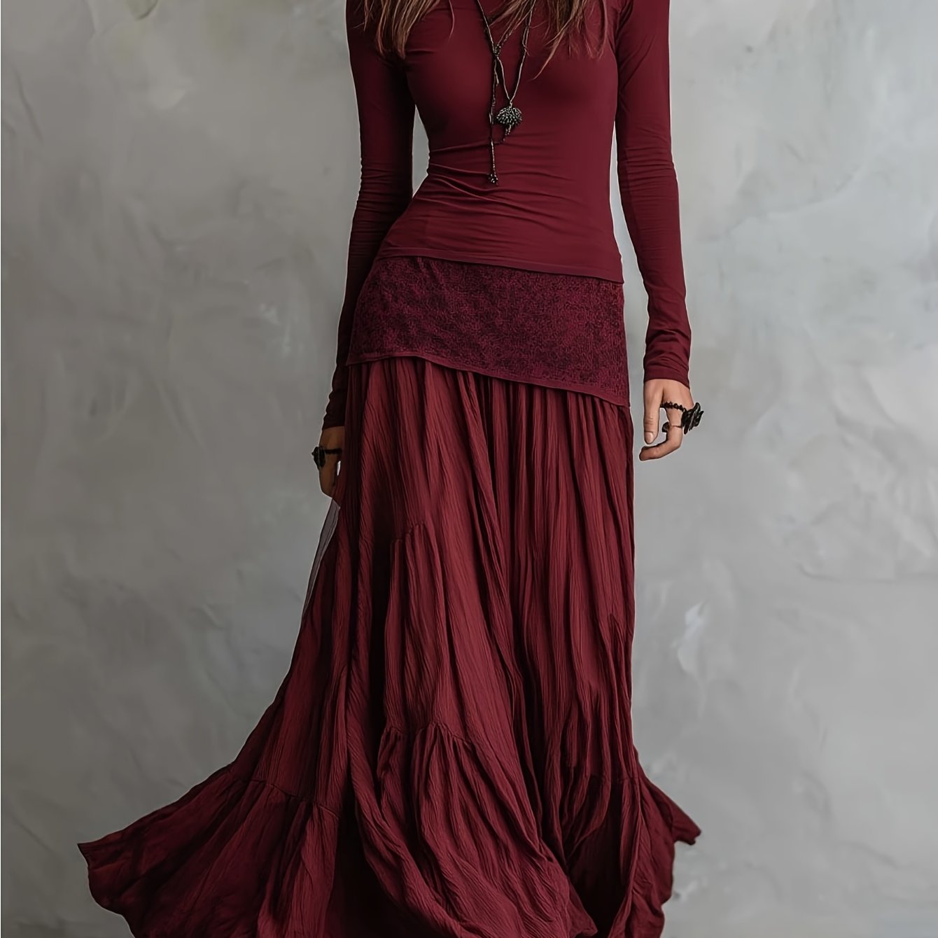Burgundy Long-Sleeve T-Shirt + Full-Skirted Maxi Dress Two-Piece Set for Women | Soft Vintage Relaxed Vibe Suitable for Everyday Outings & Casual Dates