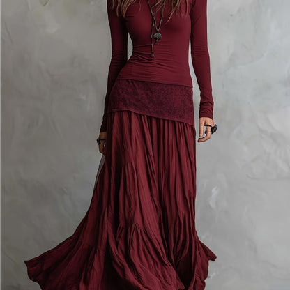 Burgundy Long-Sleeve T-Shirt + Full-Skirted Maxi Dress Two-Piece Set for Women | Soft Vintage Relaxed Vibe Suitable for Everyday Outings & Casual Dates