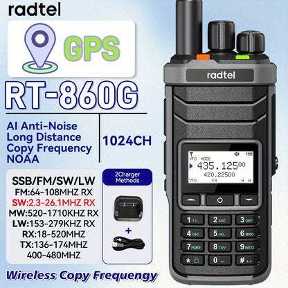 Radtel RT-860G GPS Ham Radio & CB Radio - 1024-Channel Dual Band Long Range Walkie Talkie with NOAA Weather, GPS Navigation, SW/SWB FM/SSB Modes, Type-C Charging, HF/VHF/UHF/Aviation AM/USB/LSB/CB/SSB, 4500-Channels, 50W High