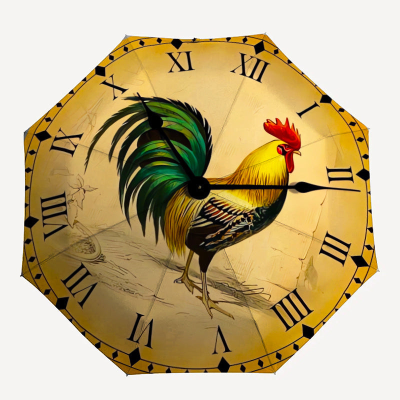 Automatic Open/Close Umbrella with Rooster Clock Face - Windproof Portable Folding Umbrella, 8-Rib Sturdy Frame, Golden & Design with Roman Numerals, Ideal Halloween/christmas Gift For Men & Women, Casual Fashion Umbrella, Du