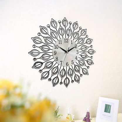 1pc silent decorative wall clock, 15.35 inch black metal material, with easy to read numbers, acrylic leaf rhinestones design, suitable for multiple places such as living room and bedroom, and a new house gift, Living Room Wa