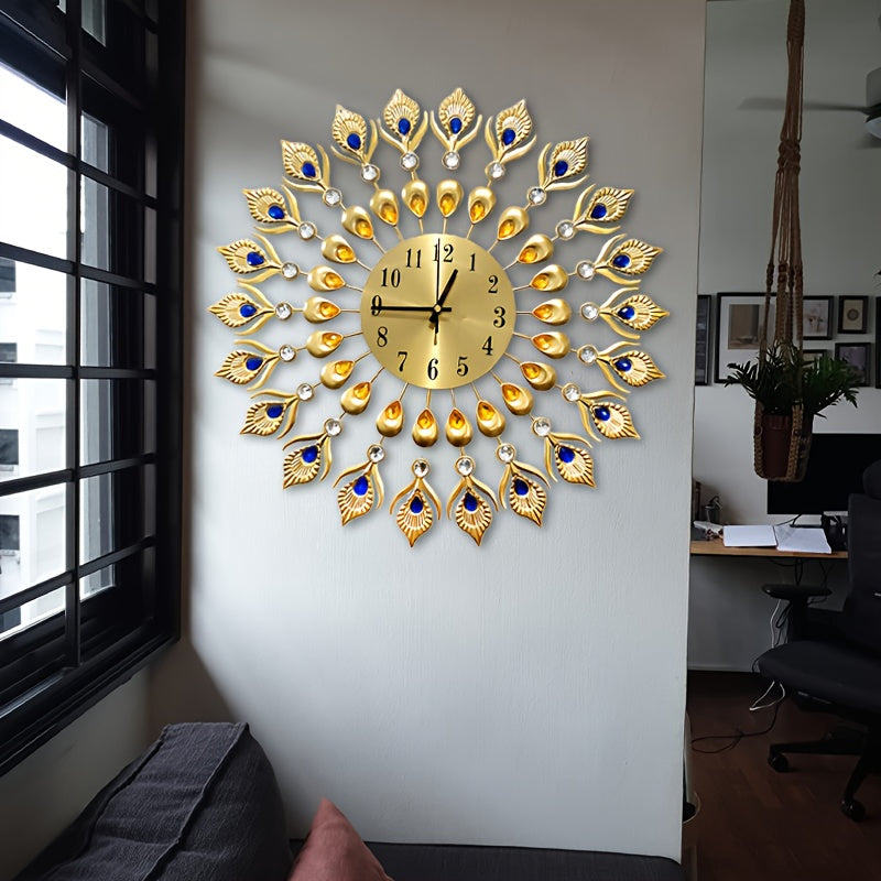 Elegant Peacock Pattern Metal Silent Wall Clock - Modern Minimalist Quartz Movement, No Ticking Sound, Auto Shut-Off, Round Metal Wall Clock with & Golden Peacock, For Living Room, Bedroom, Peacock Decor, Bedroom Accessory, H