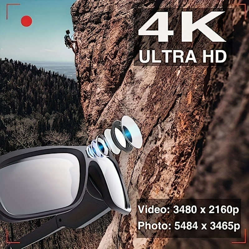 4K Ultra Clear Smart Video Glasses, Wide-angle 120 °, 120 Minute Battery Life, USB Charging, Very Suitable For Cycling, Driving, Hiking, Traveling, Mountaineering, Exploration, Fishing Travel, Including 64GB Storage Card, Re