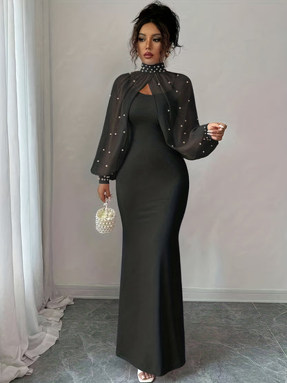 WY251221079 Elenzga New Elegant Mature Charm Evening Gown, Graceful and Gentle, Dreamy Pink, Hand-beaded Long Sleeve Top, Elegant Mermaid Fit Strapless Dress Set, Spring/Summer Women's Wear