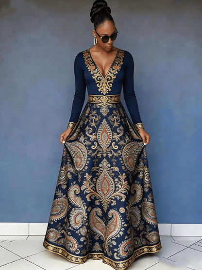 Flower Rich And Luxurious Flower Print Design Women's V-neck Dress with Waist Cinching And Shaping, And Casual Drape, Sexy Charm, Fresh Temperament, Commuting Trend, Elegant Long Skirt, Cocktail Party, High-end Occasion