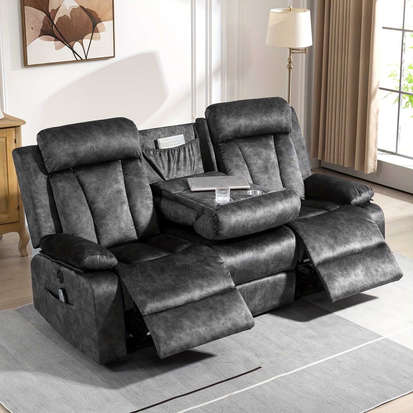 Reclining Sofa-Power Recliner Sofa With Heat And Massage, Recliner Sofa With Drop Down Table, Reclining Couch 3 Seater For Living Room, Home Theater Seating With Cup Holders, USB & Type-C Ports (Grey)