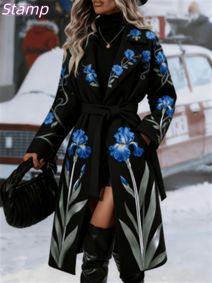 Fashionable And Elegant - Winter New Arrival - Women's Long Trench Coat - Warm And Simple - Double-Breasted Buttons With Belt - Featuring Floral Vine Print