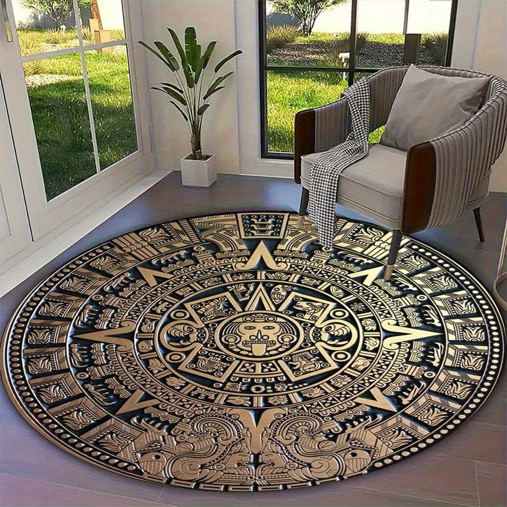 Mayan Tribal Round Area Mat - Large Black & Golden Ancient Mayan Calendar Design - Machine Washable Non-Slip Mat for Living Room, Bedroom, Game Room - Durable Floor Mat with Cultural Home Decor - Extra Large Rugs for Living R