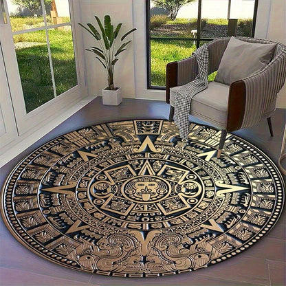 Mayan Tribal Round Area Mat - Large Black & Golden Ancient Mayan Calendar Design - Machine Washable Non-Slip Mat for Living Room, Bedroom, Game Room - Durable Floor Mat with Cultural Home Decor - Extra Large Rugs for Living R