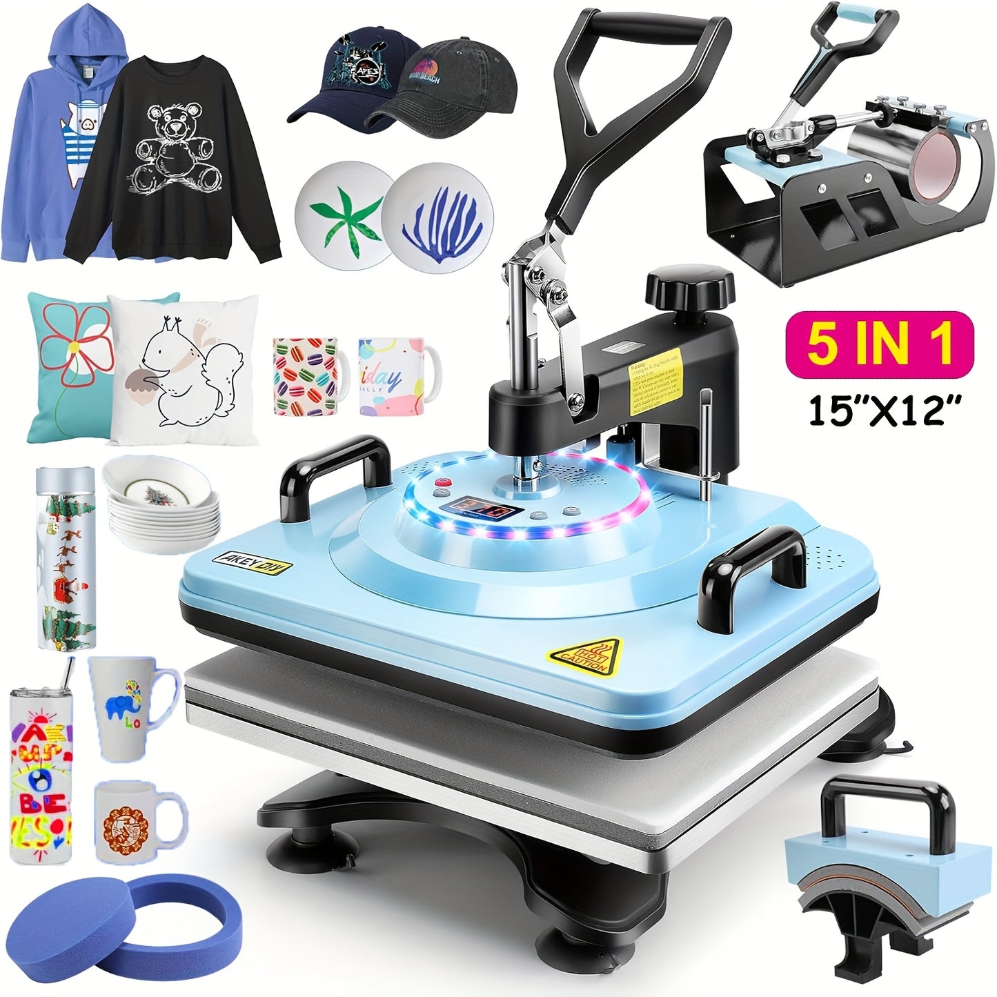 This Is a Versatile Heat Press Machine Combo Featuring an 8 in 1 And 5 in 1 Design, with Dimensions of 15"X15" And 15"X12". It Has a Rotatable Design And Is Suitable for Transferring Images Onto Various Items Such As T-Shirts
