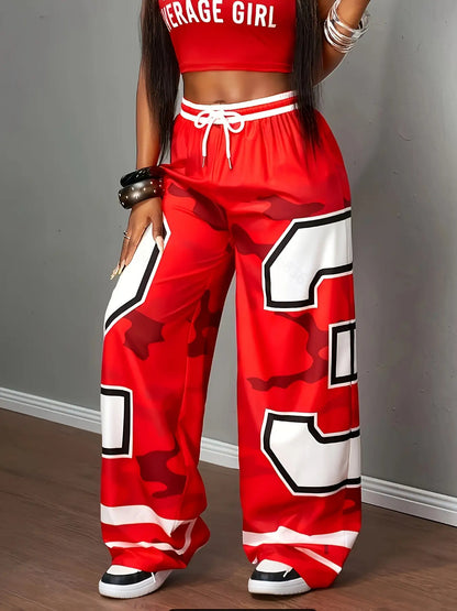 Women'S Red & White Geometric Letter Print Straight-Leg Pants with Elastic Drawstring Waistband - Casual Wide-Leg Trousers, Machine Washable All-Season Comfort, '25' Number Design & Pockets for Everyday & Special Occasions (S