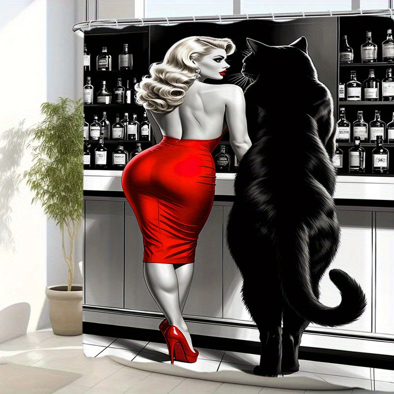 1/4pcs Beauty with Black Cat Pattern Shower Curtain Or Four-Piece Set (Including Shower Curtain, Non-Slip Mat, U-Shaped Mat And Toilet Mat) Is a Perfect Choice, a Great Gift, The Whole Set of Shower Supplies Comes with 12 Hoo