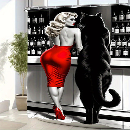 1/4pcs Beauty with Black Cat Pattern Shower Curtain Or Four-Piece Set (Including Shower Curtain, Non-Slip Mat, U-Shaped Mat And Toilet Mat) Is a Perfect Choice, a Great Gift, The Whole Set of Shower Supplies Comes with 12 Hoo
