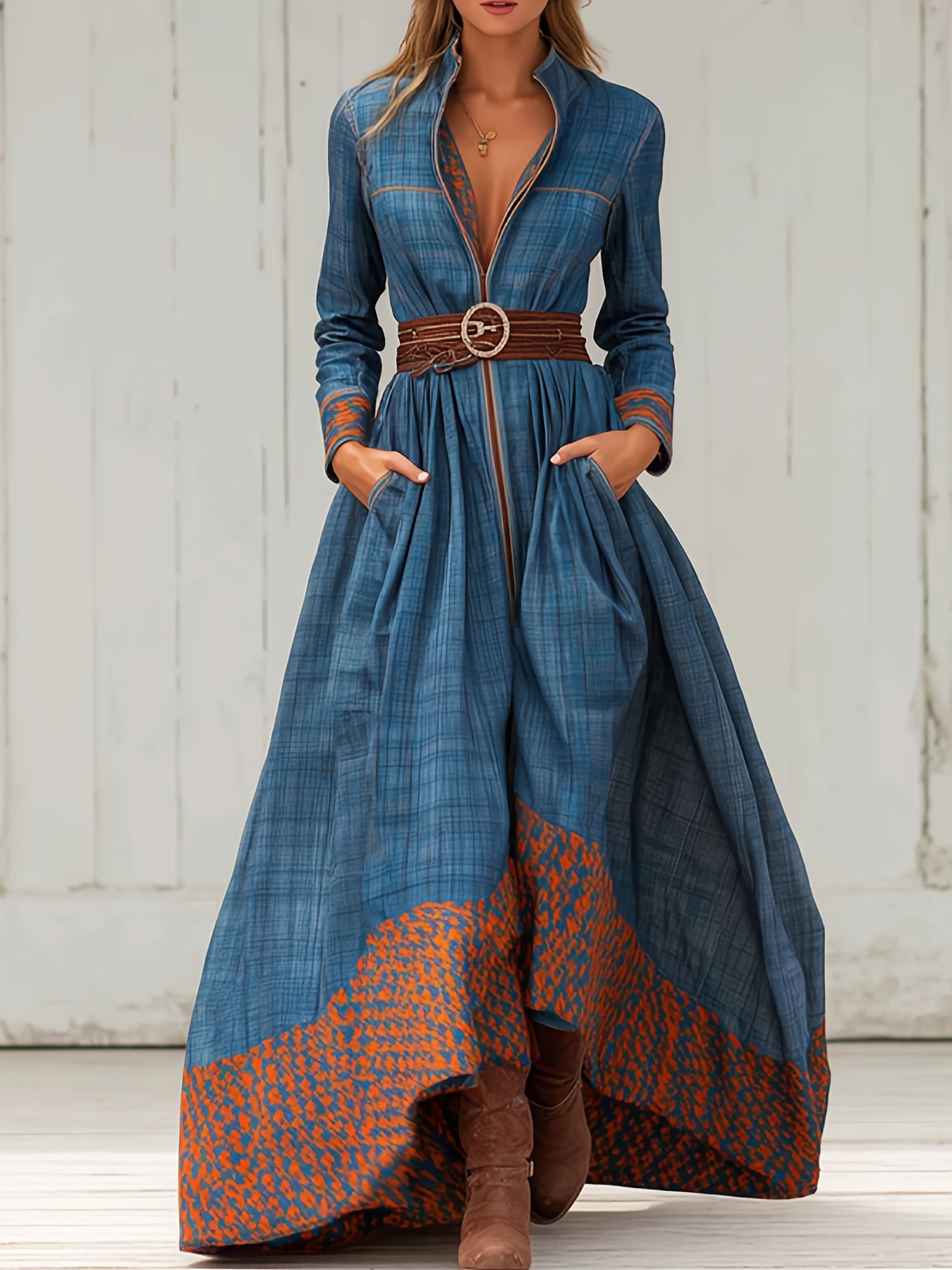 Western Retro Plaid Dress, Stand-up Collar, Zipper, Bohemian Ethnic Print, Fitted Waist, Full Skirt, with Pockets.