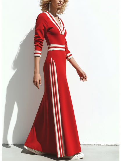 Women'S Red Long Dress Featuring White Accents in a Vintage Design, Ideal for Casual Outings, Fashionable Streetwear, And Distinctive Styling Events