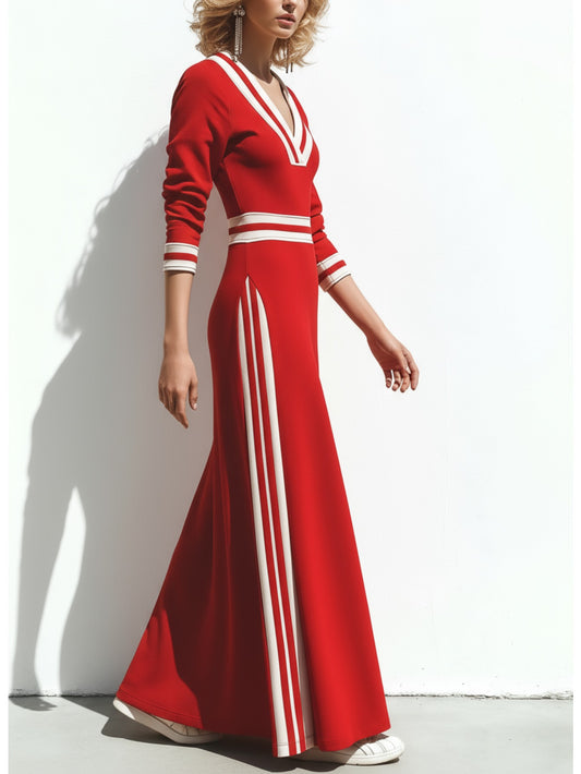 Women'S Red Long Dress Featuring White Accents in a Vintage Design, Ideal for Casual Outings, Fashionable Streetwear, And Distinctive Styling Events