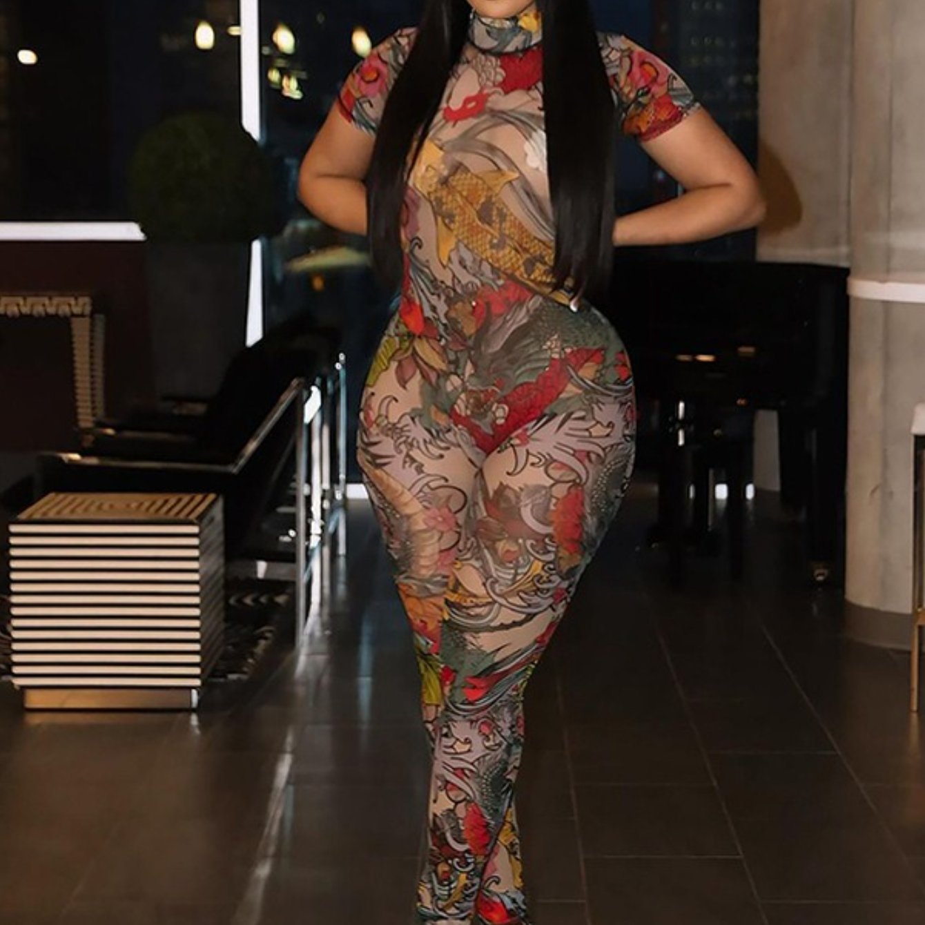 Women'S All-Over Print High-Neck Short Sleeve Jumpsuit - Slim-Fit See-Through Backless Bodysuit with Animal & Abstract Patterns, All-Season Elegant Party & Casual Outfit, Comfortable Stretch Fabric for Year-Round Wear (No Lin