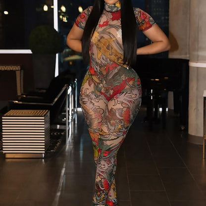 Women'S All-Over Print High-Neck Short Sleeve Jumpsuit - Slim-Fit See-Through Backless Bodysuit with Animal & Abstract Patterns, All-Season Elegant Party & Casual Outfit, Comfortable Stretch Fabric for Year-Round Wear (No Lin