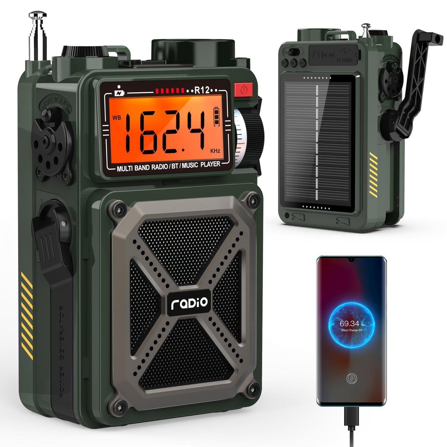 AM FM WB Radio, White Noise, 5W Speaker with Vibration Hand Crank/SOS/Torch, Full Band Digital Shortwave Radio, USB/TF Emergency Supporlarge Solar Panel