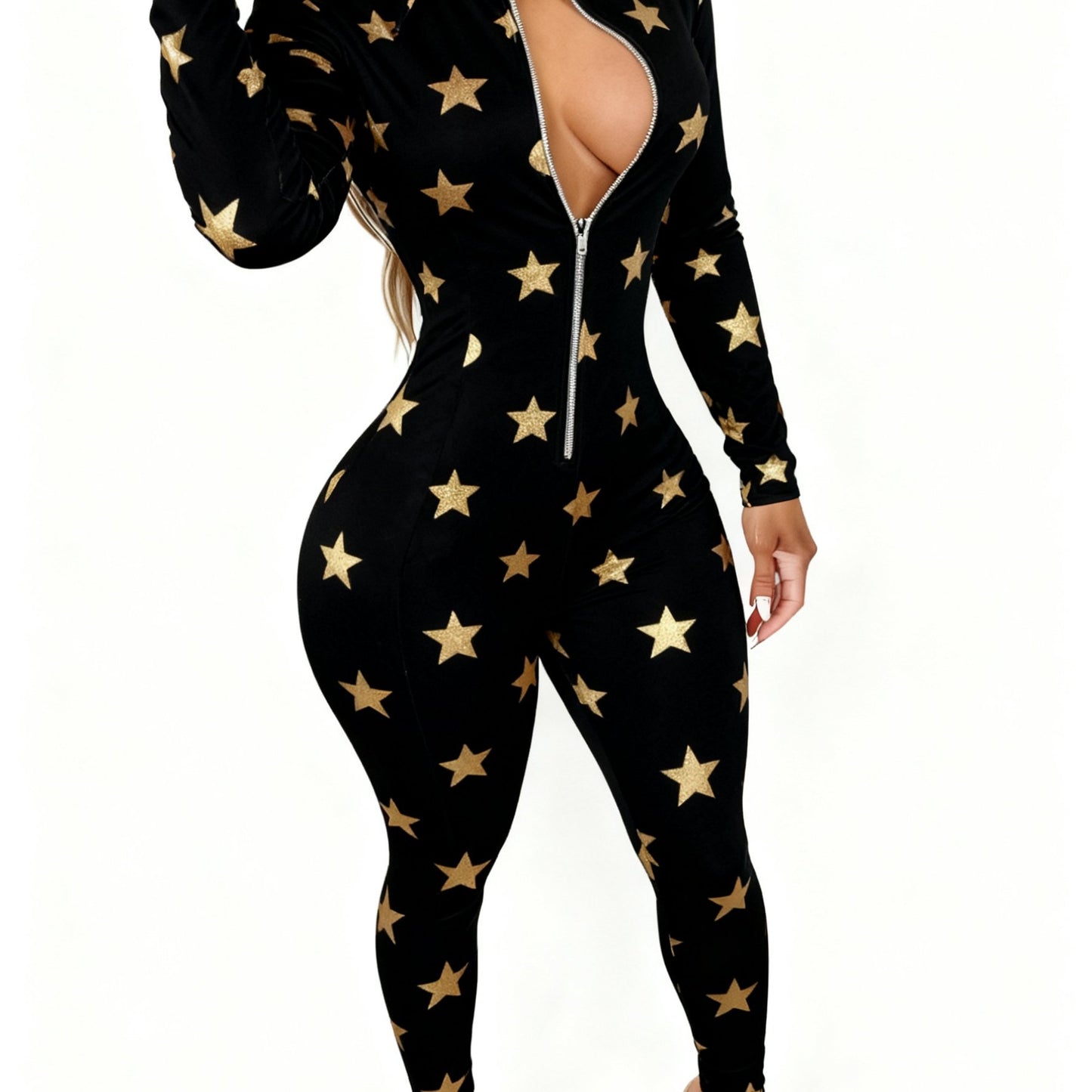 Plus Size - Women'S Elegant Long Sleeve Jumpsuit | Front Zipper Design, Lightweight Retro Cute Bird & Floral Art Graffiti Print, Perfect for Daily Outings & Casual Wear, All-Season, Slight Stretch Fabric