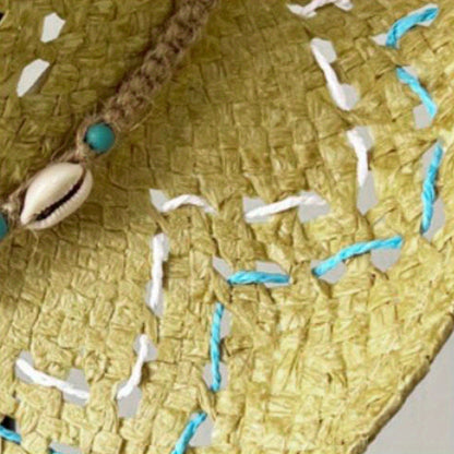 Women Summer Western Cowgirl Hat Bead Belted Wide Brim Straw Beach Cap