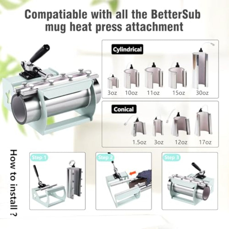 BetterSub 5 in 1 Heat Press Machine 12x15 inch Industrial-Quality Sublimation Press with 30oz Tumbler Attachment and Curved Hat Plate 360° Swivel Design for T-Shirts Vinyl DTF Film - Teal