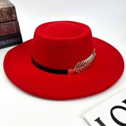 1pc Women'S Retro Wide-Brimmed Fedora Hat with Metal Crescent & Black Leather-like Band - Vibrant Orange/Red/Green/Black/Navy Blue/Purple/White - Elegant Non-Stretch Design for Autumn Winter, Music Festivals, Christmas & Dail