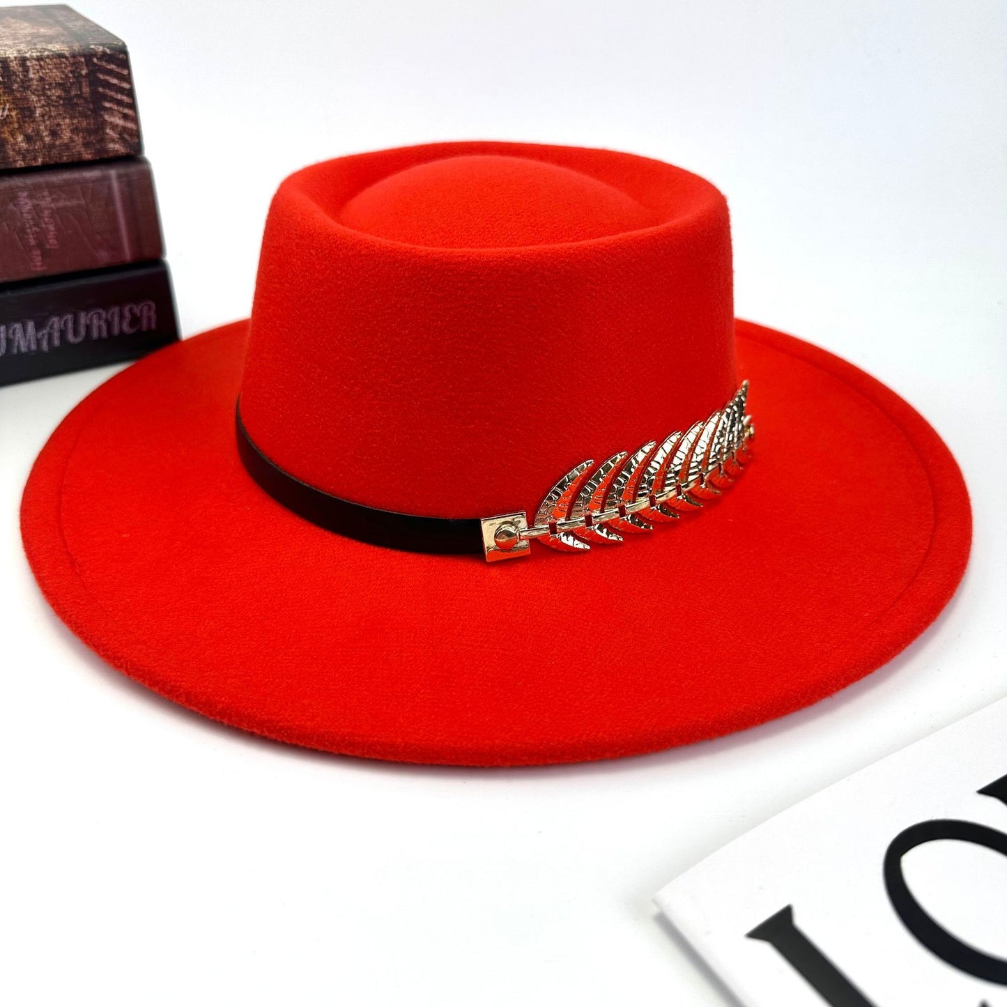 1pc Women'S Retro Wide-Brimmed Fedora Hat with Metal Crescent & Black Leather-like Band - Vibrant Orange/Red/Green/Black/Navy Blue/Purple/White - Elegant Non-Stretch Design for Autumn Winter, Music Festivals, Christmas & Dail