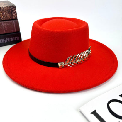1pc Women'S Retro Wide-Brimmed Fedora Hat with Metal Crescent & Black Leather-like Band - Vibrant Orange/Red/Green/Black/Navy Blue/Purple/White - Elegant Non-Stretch Design for Autumn Winter, Music Festivals, Christmas & Dail