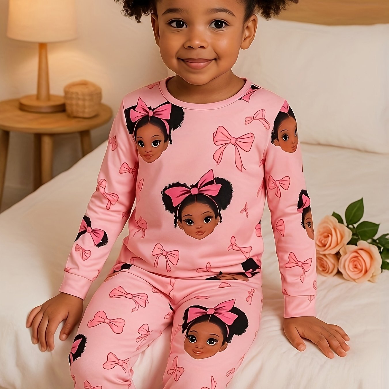 Two Casual, Stylish, And Versatile Round Neck Long-Sleeved Pajamas And Loungewear Sets for Girls, Featuring Random Prints of Girls' Faces, Perfect for Spring And Autumn.