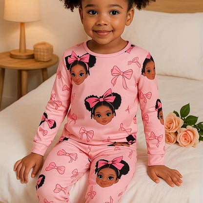 Two Casual, Stylish, And Versatile Round Neck Long-Sleeved Pajamas And Loungewear Sets for Girls, Featuring Random Prints of Girls' Faces, Perfect for Spring And Autumn.