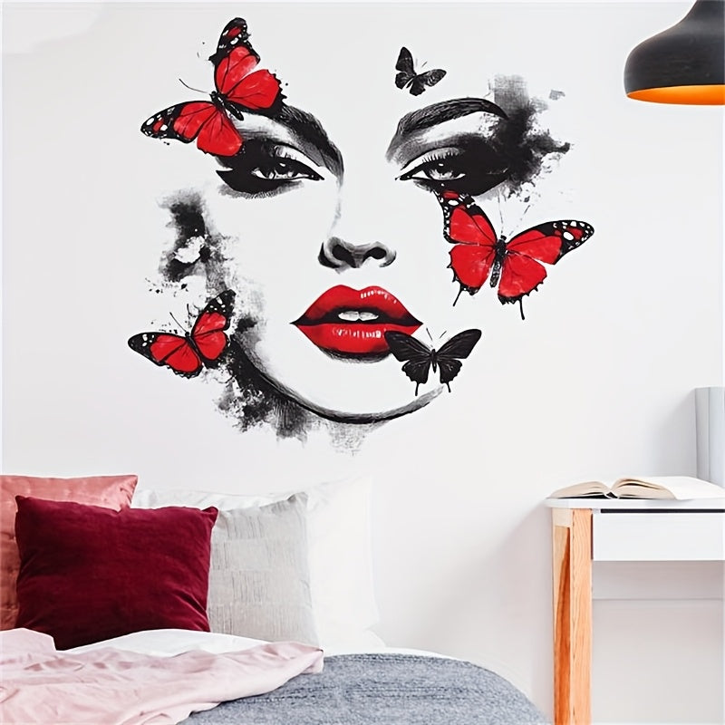 Unique Beauty and Butterfly Pattern Wall Sticker, Ink Brush Strokes Add Artistic Atmosphere. Red and Black Color Scheme Eye-catching, Instantly Elevates the Ambiance of Spaces like Bedrooms and Living Rooms. Easy to Apply and
