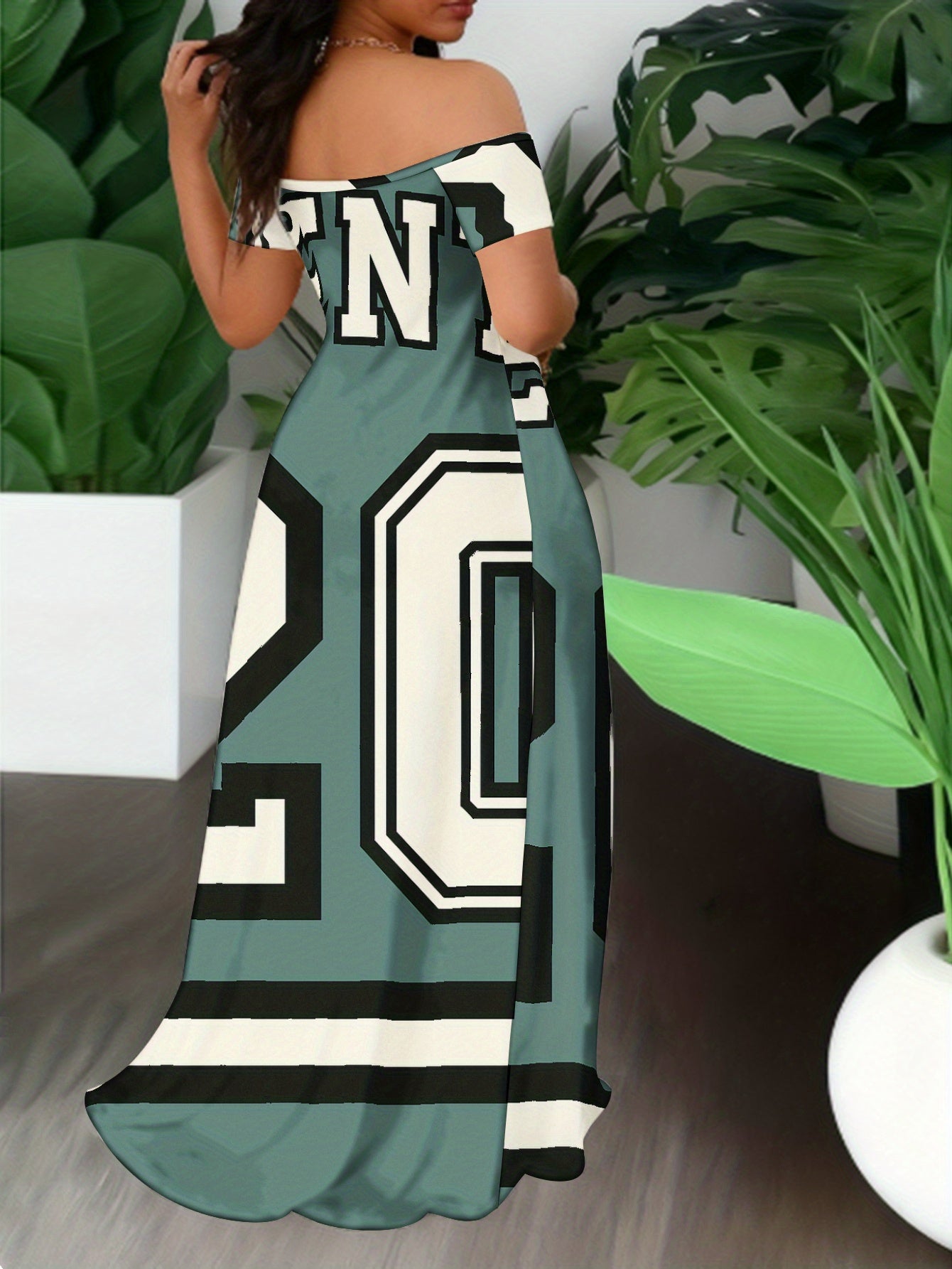 Plus Size, Elegant Off-Shoulder/One-Shoulder Maxi Dress - Teal & White Jersey Print Beach Wedding Guest Dress, Prom Dress, Year-Round Wear - Machine Washable Loose Fit Long Maxi Dress with Shortened headpiece Compatible for c