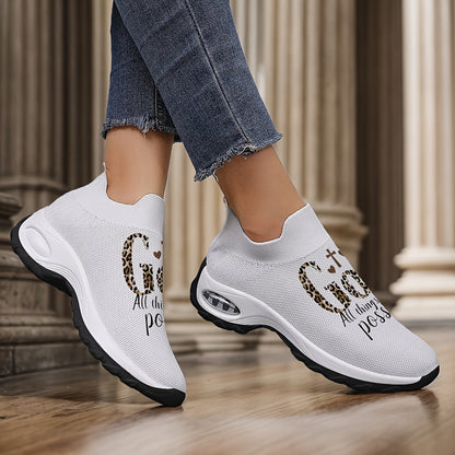 Women's Breathable Knit Slip-On Sneakers with Inspirational Quote & Leopard Print - White Fabric Upper, EVA Cushioned Sole for All-Season Comfort, Casual Walking & Outdoor Camping Shoes, Outdoor Sneakers | Leopard Print Sneak