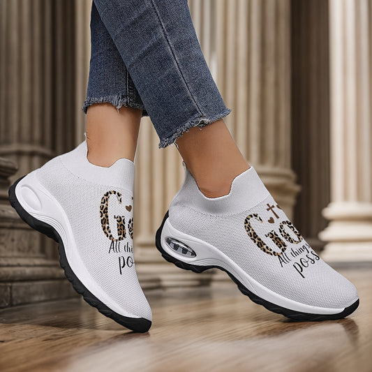 Women's Breathable Knit Slip-On Sneakers with Inspirational Quote & Leopard Print - White Fabric Upper, EVA Cushioned Sole for All-Season Comfort, Casual Walking & Outdoor Camping Shoes, Outdoor Sneakers | Leopard Print Sneak