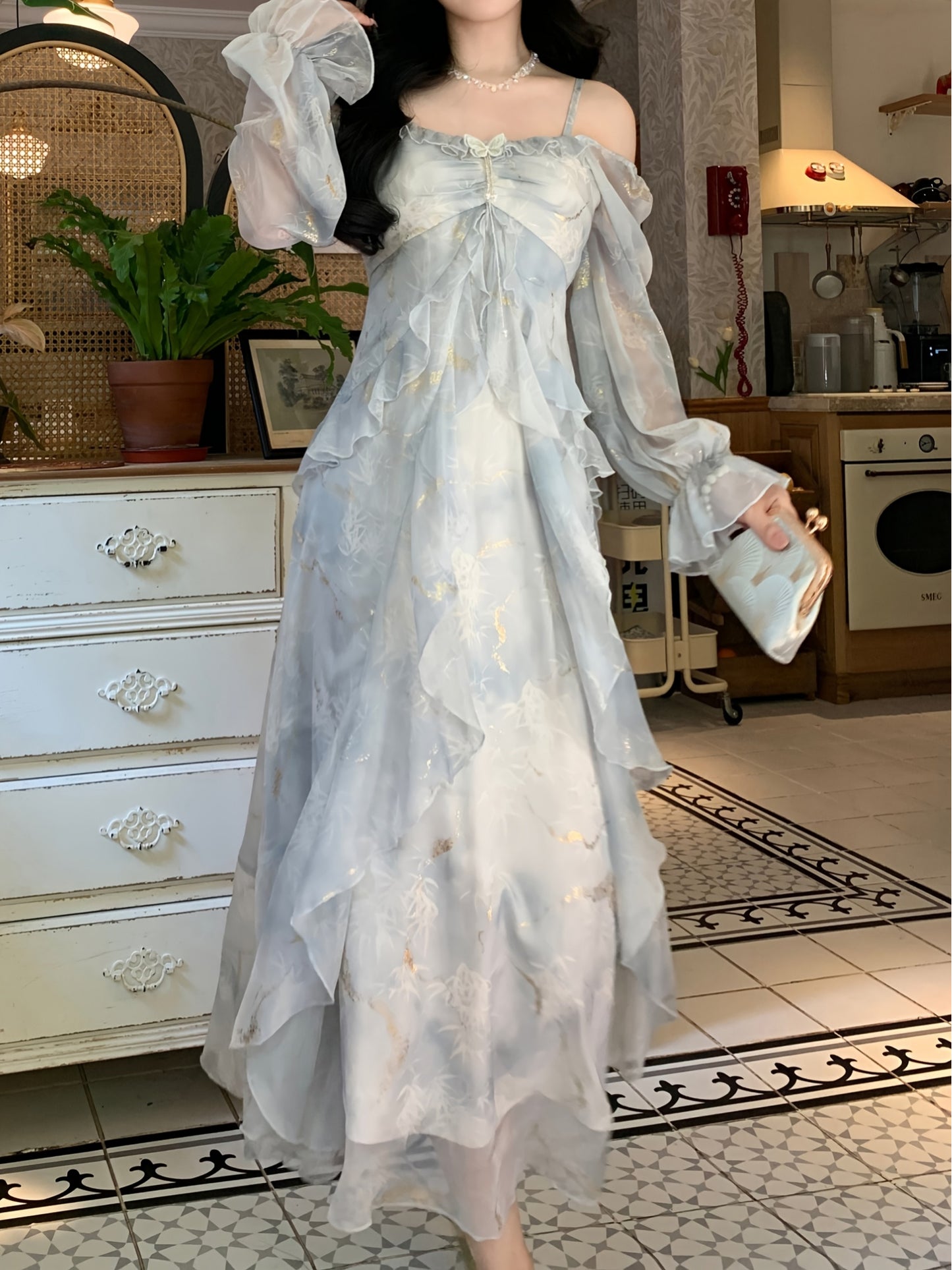 A Stylish Off-Shoulder Long Sleeve Dress for Women Featuring a Lavender Floral Pattern, Ruffle Collar, And A-Line Silhouette. Suitable for Both Formal And Casual Occasions, This Machine Washable Dress Is Perfect for Spring An