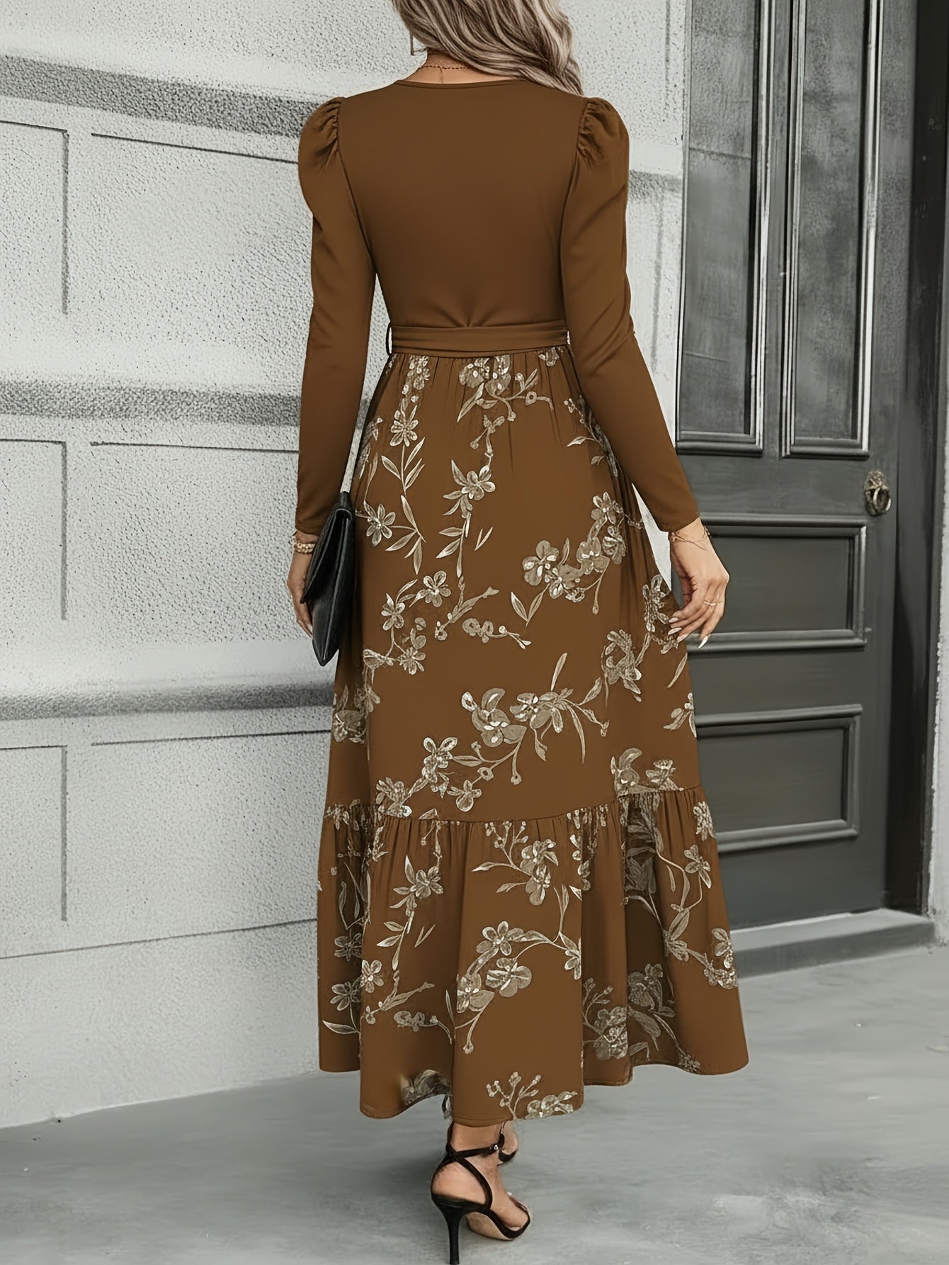 Women'S Navy Blue Floral Tie-Waist Maxi Dress | Retro Elegant Style, Suitable for Daily Streetwear, Light Social Occasions, and Chic Gatherings