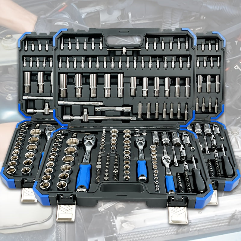 170+2/53+1pc Professional Car Repair Tool Set, Ratchet Wrench And Durable Toolbox, 1/2 * 1/4 "3/8" Drive Depth And Standard Socket, Suitable For Car Repair, Home And Projects, Worry Free Operation For Men And Women, Christmas