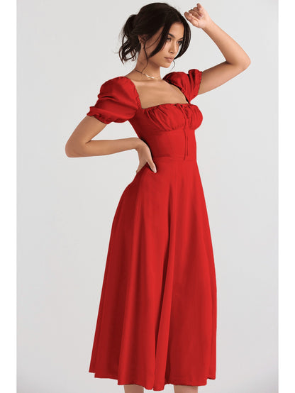 Elegant Puff Sleeve Tie-Waist Dress | High Waist Design, Off the Shoulder, Solid Color, Flared Hem, Midi Length for Spring/Summer Fashion