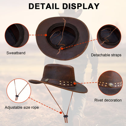 Cowhide Leather Cowboy Western Hat | Genuine Leather Steampunk Deadman Top Hat for Men and Women, Vintage Style for Halloween.