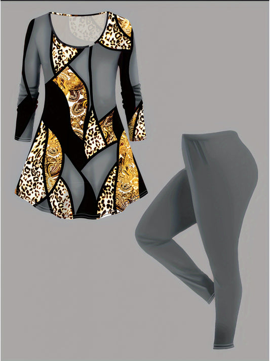 2pcs Women'S Fashion Leopard Print Long Sleeve Top And Solid Color Pants Set, Polyester Fabric with Elastane, Crew Neck, High Stretch, Random Pattern, with/M for Lash Sets
