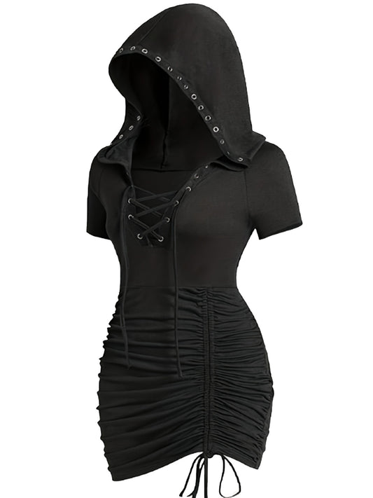 Plus Size, Gothic-style Hooded Sexy Bodycon Dress with Metal Eyelet Lace-up V-neck, Ruffled Hem Drawstring Design, Plus Size Women's Party Wear