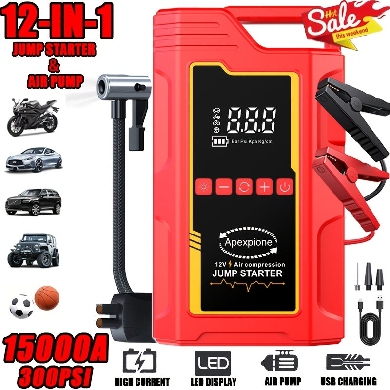 15000A Jump Starter Peak 12V Portable Car Jump Starter | With Air Compressor, LED Light, Battery Charger, Cart Battery Charger, Tire Inflator, Essential Car Rescue Tools For Families, Gift, USB Charging, Digital Display