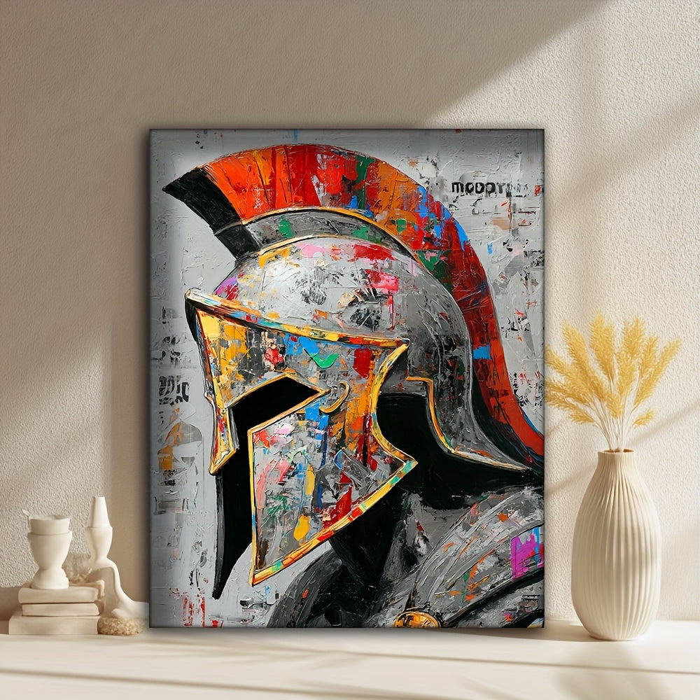 1pc Framed Spartan Helmet Canvas Art - 12x16 Inch HD Oil Painting, Bold Warrior Design with Red & Golden Accents, Modern Home Decor for Living Room, Bedroom, Office - Urban Graffiti Style, Canvas Wall Art, Bedroom Artwork, De