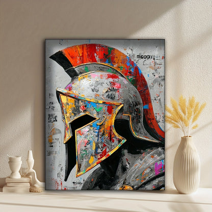 1pc Framed Spartan Helmet Canvas Art - 12x16 Inch HD Oil Painting, Bold Warrior Design with Red & Golden Accents, Modern Home Decor for Living Room, Bedroom, Office - Urban Graffiti Style, Canvas Wall Art, Bedroom Artwork, De