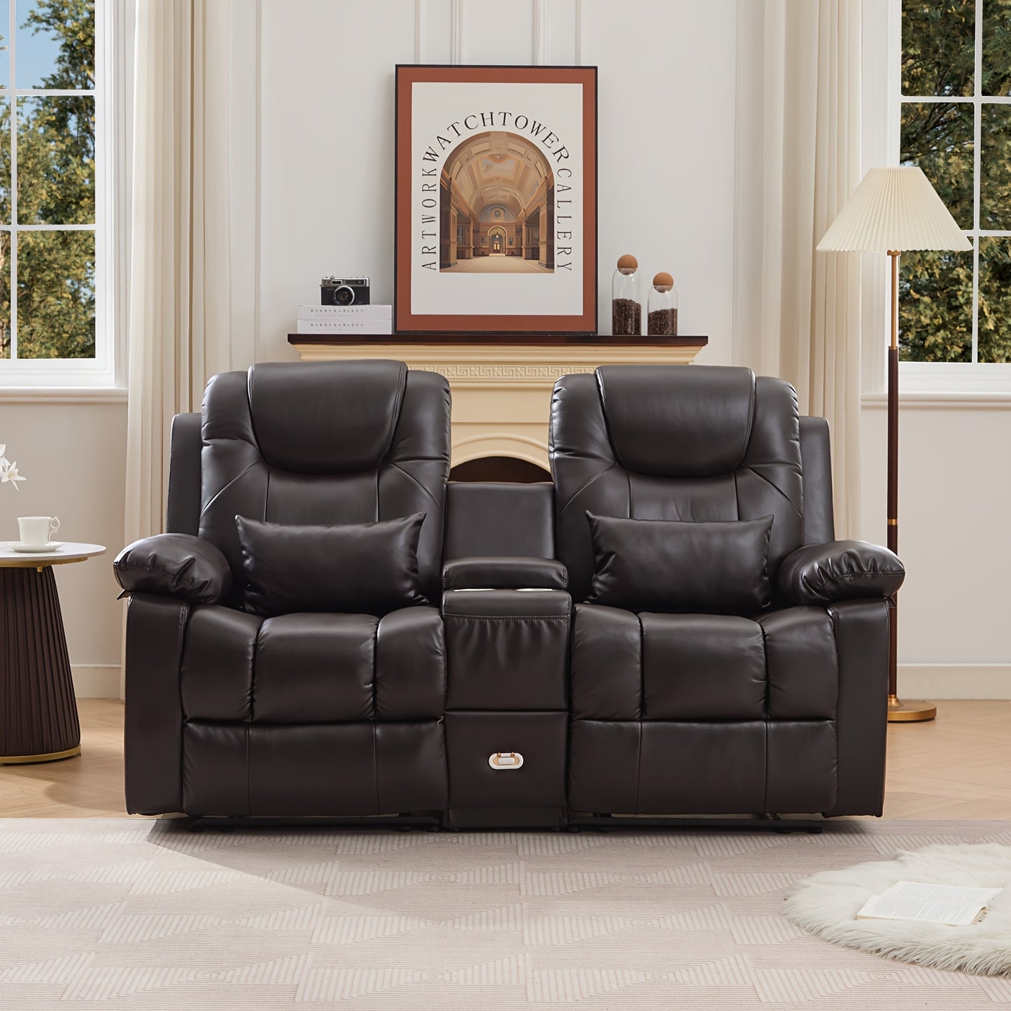 63" Brown Faux Leather Recliner Sofa with Console, Cup Holders, Lumbar Pillow & Storage Pocket - Contemporary Metal Frame Office Chair for Home or Office Use